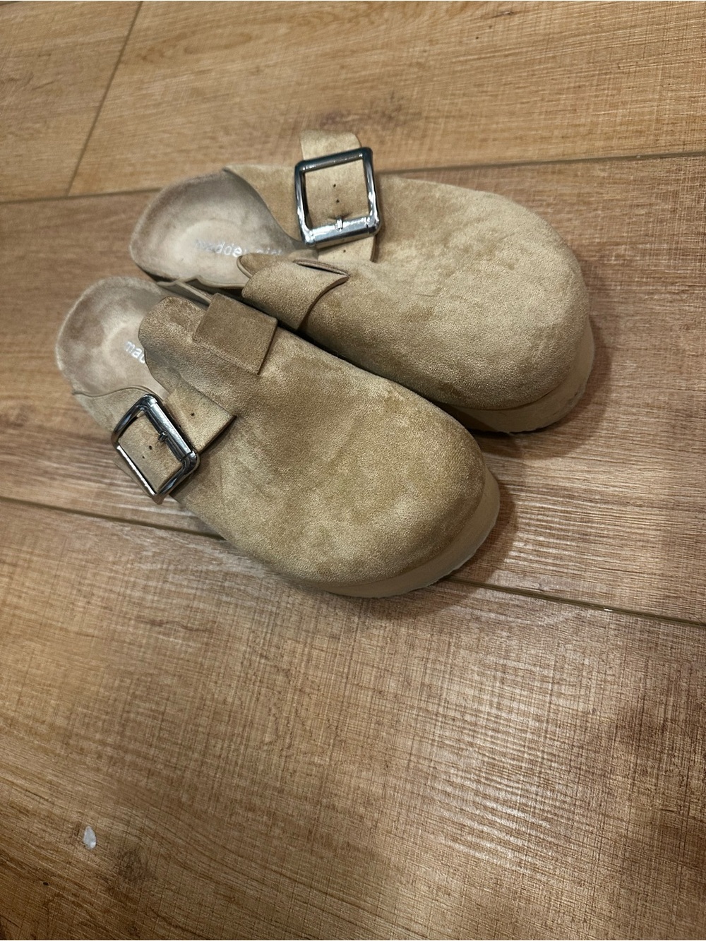 Madden Girl Suede Buckle Platform Clogs in Beige